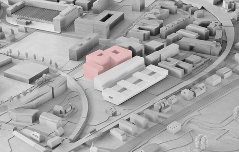 Stadtmodell mit zwei eingefärbten Häusern